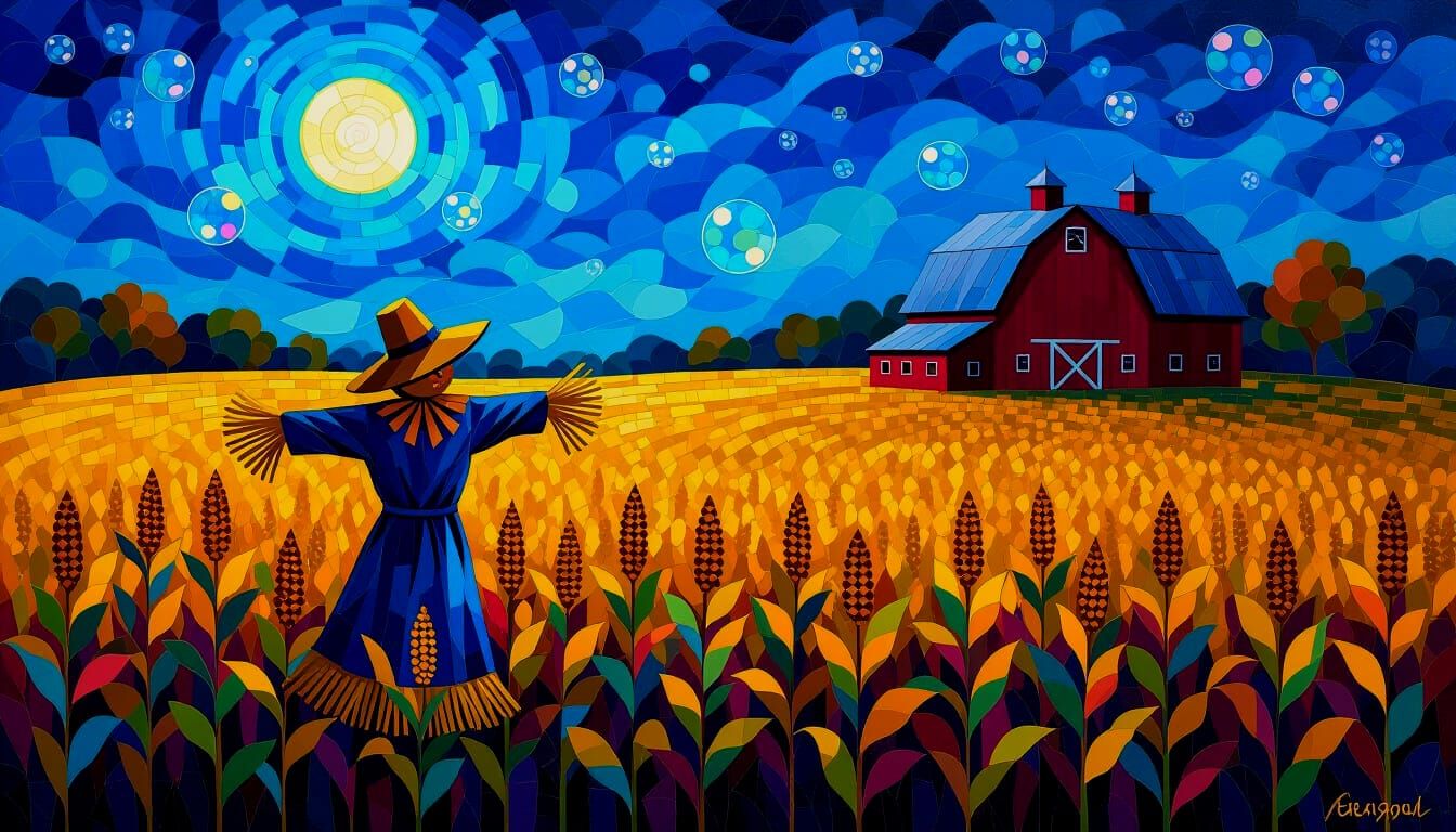 Fall Scarecrow Amidst Bubbles in Mosaic Art Style