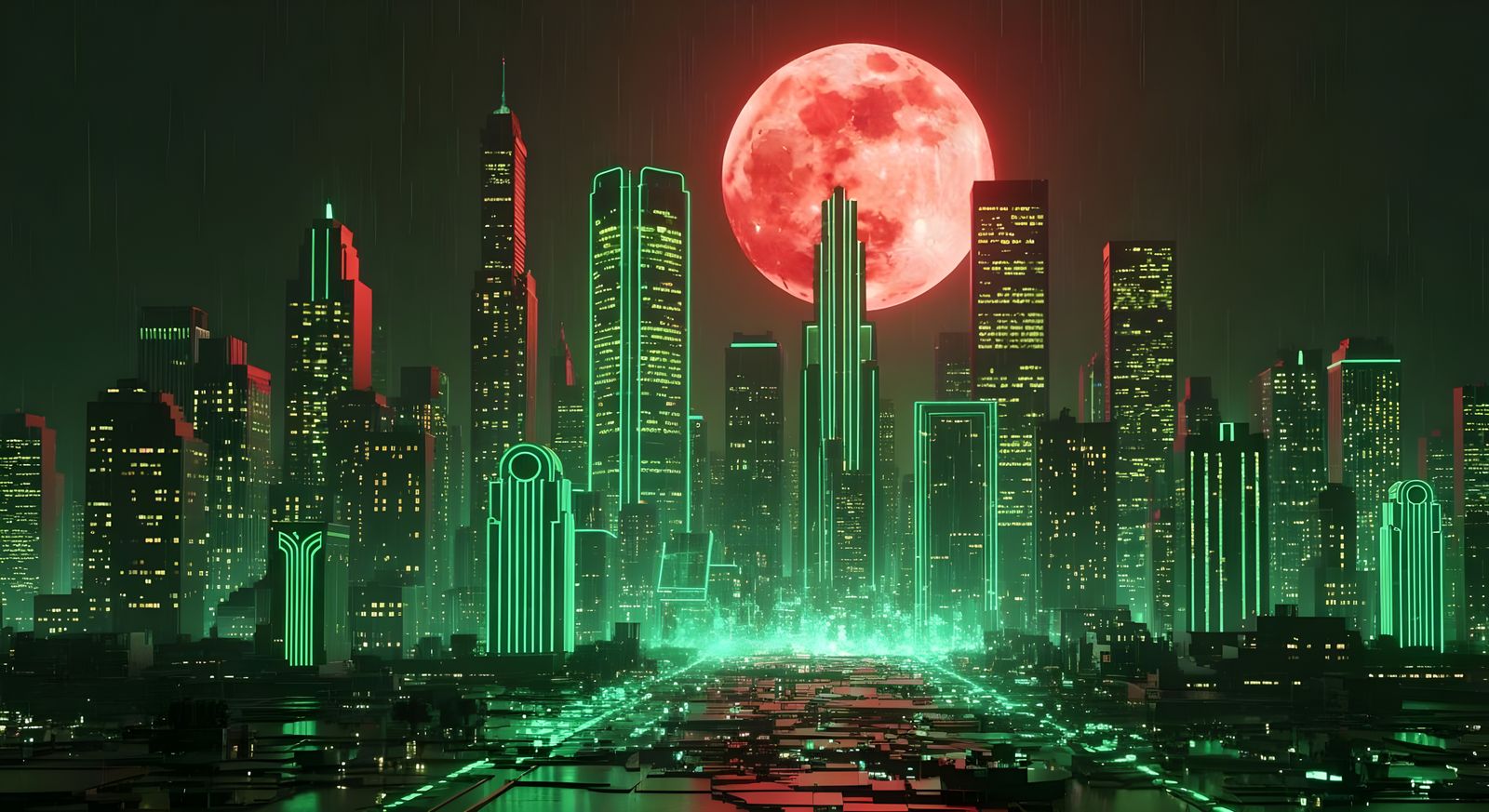 Neon Mega City Skyline in TRON/Matrix Style