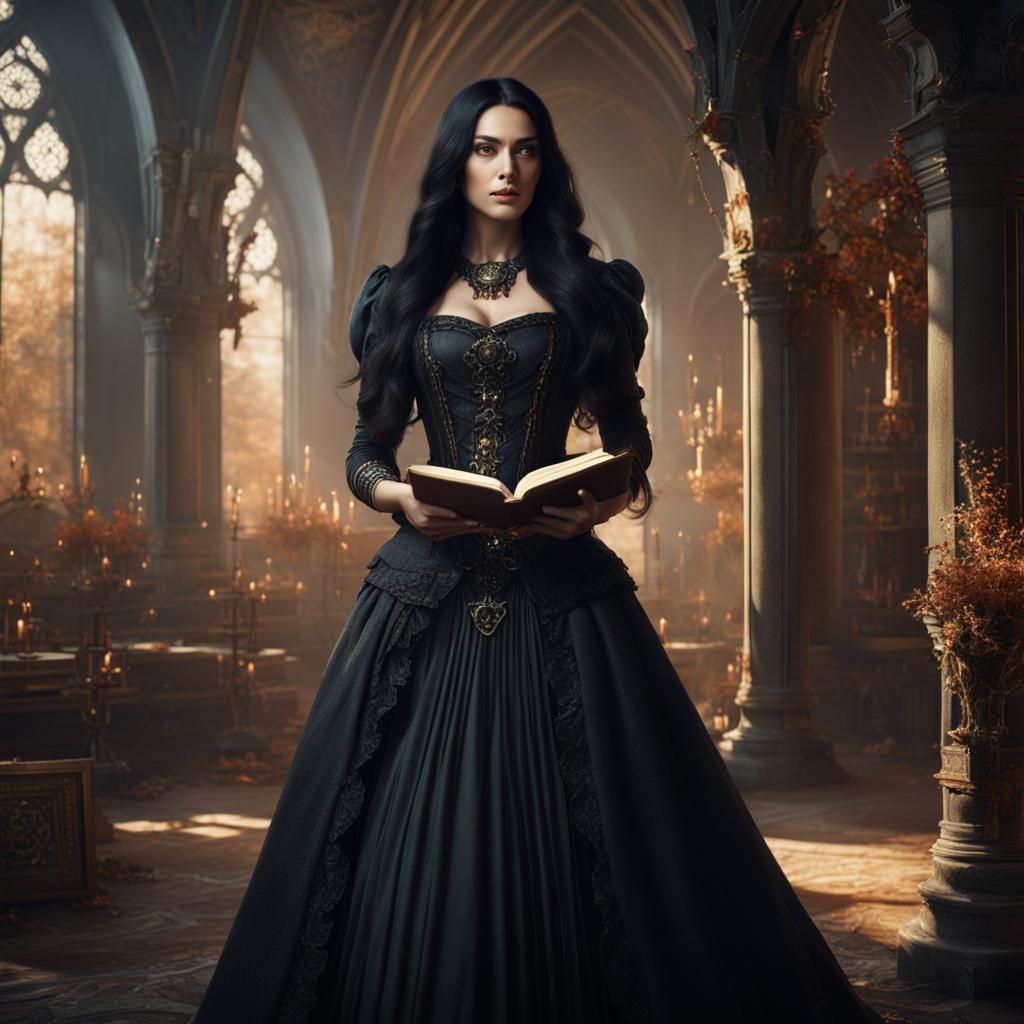 Gothic Woman with Book: Detailed Matte Painting
