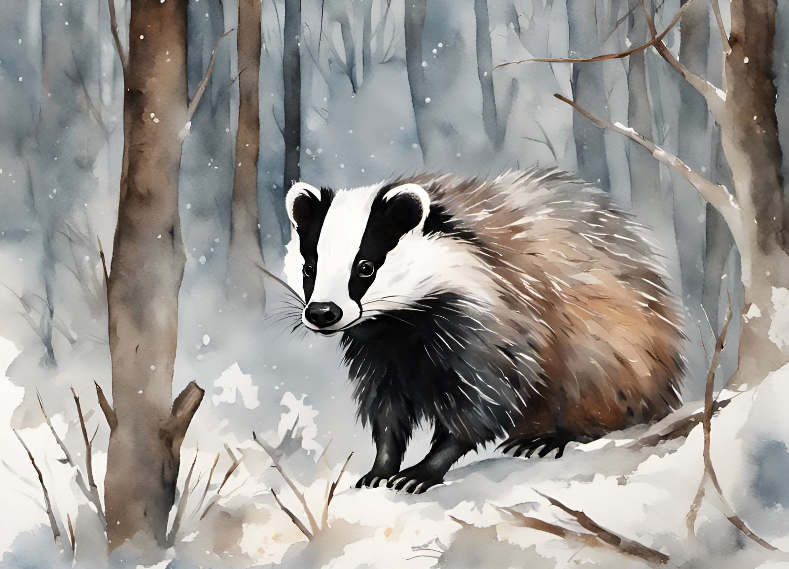 Badger in Snowy Woodland Watercolor Gouache Painting