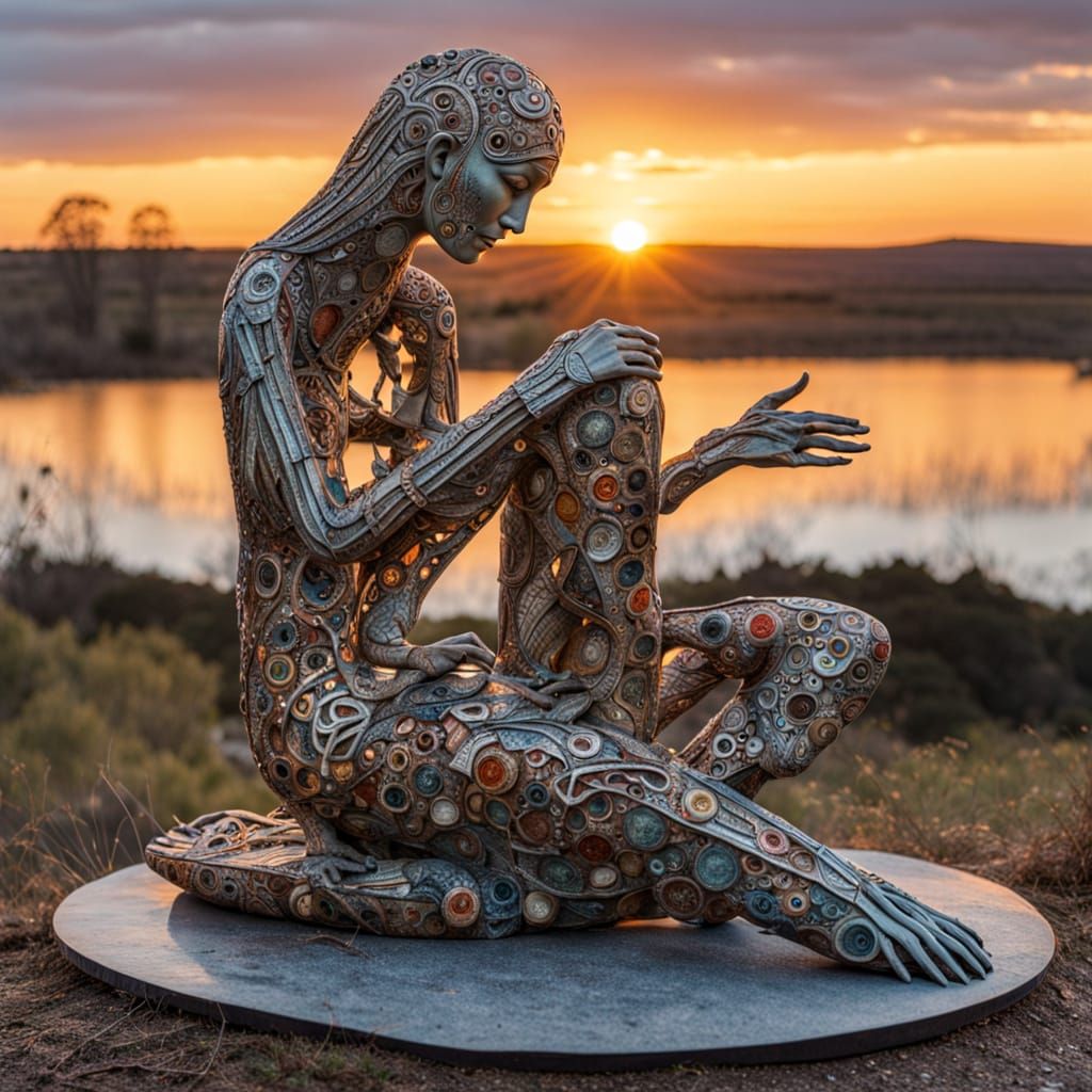 Surreal Sculpture of a Woman Amidst a Whimsical Landscape