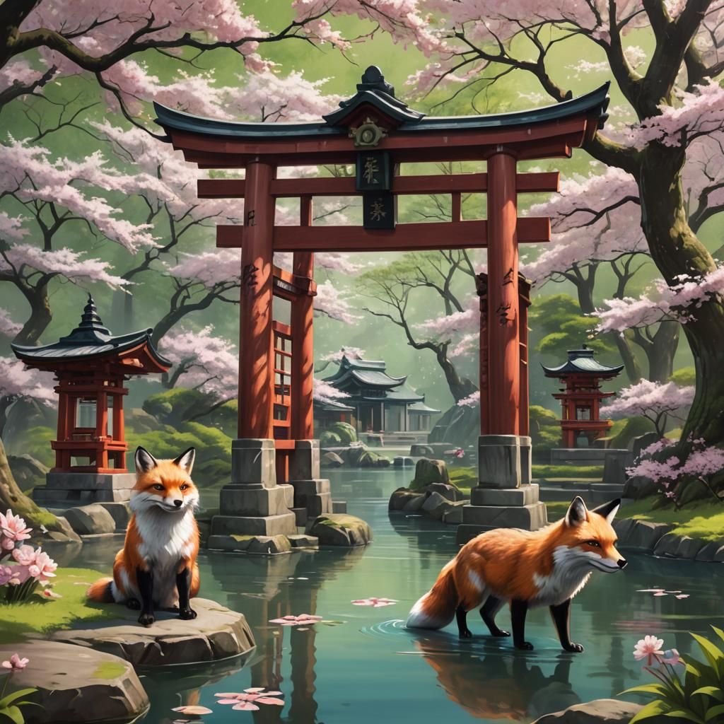 Japanese Shinto Shrine with Foxes and Cherry Blossoms