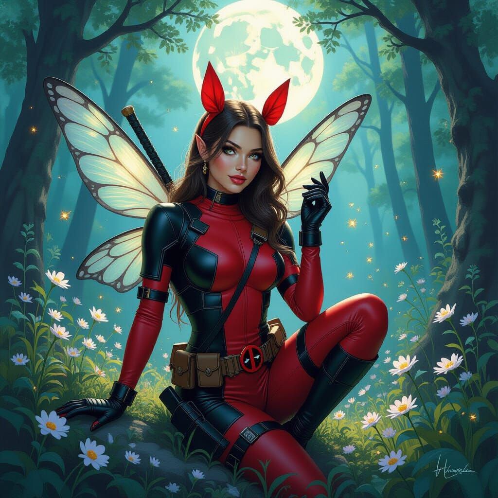 Fairy Deadpool in Moonlit Forest: Fantasy Oil Painting