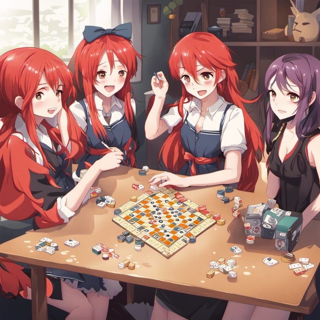 Red-Haired Girl and Friends in Anime Style