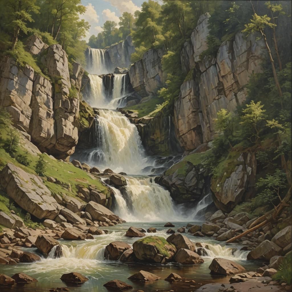 European Waterfall in 1800s Oil Painting Style