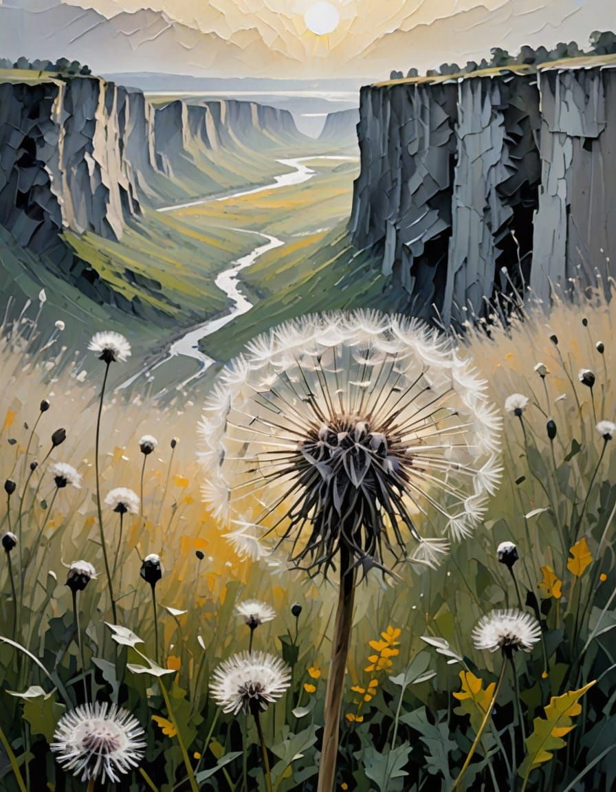 Impasto Dandelion Creature in Misty Valley