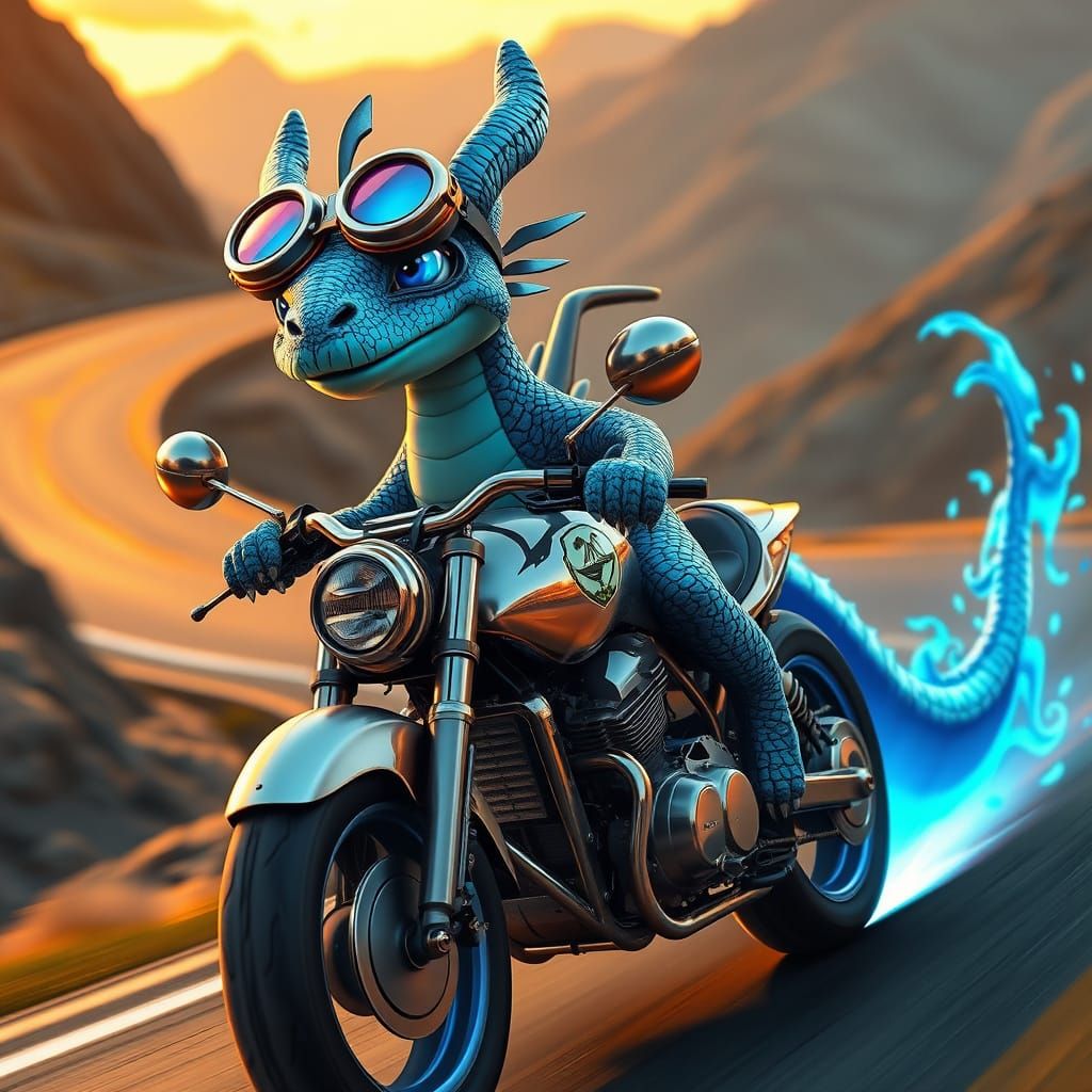 Steampunk Dragon Zooms Down Mountain Highway in Sunset