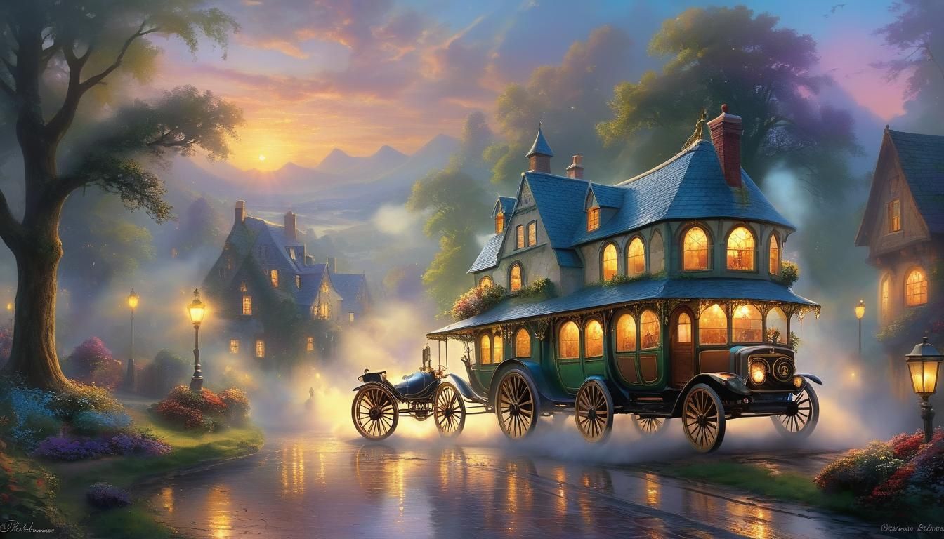 Ethereal Golden Hour Fantasy Landscape in Kinkade Style
