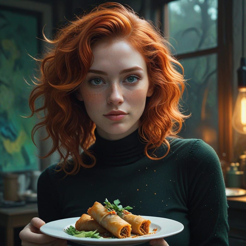 Elegant Redhead Enjoys Fried Spring Rolls in a Moody Artisti...