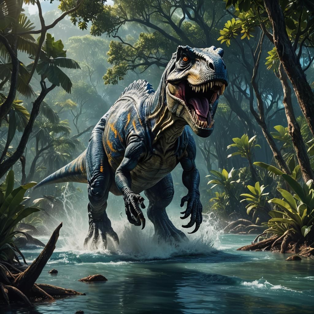prehistorical scene with a dangerous t-rex lurking hidden and ready to attack on the edge of the wild waters of mangrove...