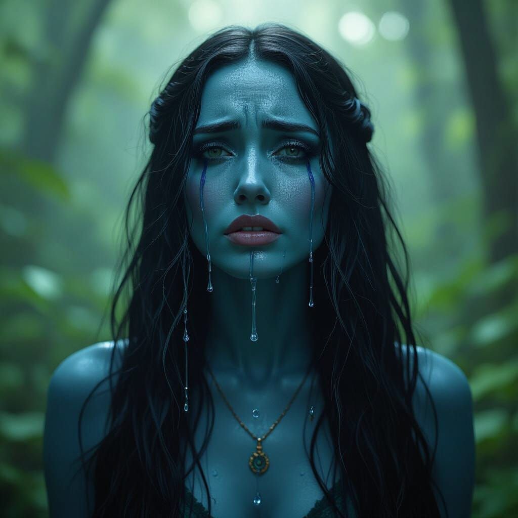 Blue Goddess Crying in Lush Forest: Cinematic Portrait