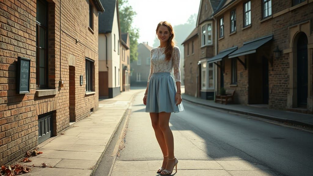 High-Fashion Girl in Cotswolds Village, Photorealistic Style