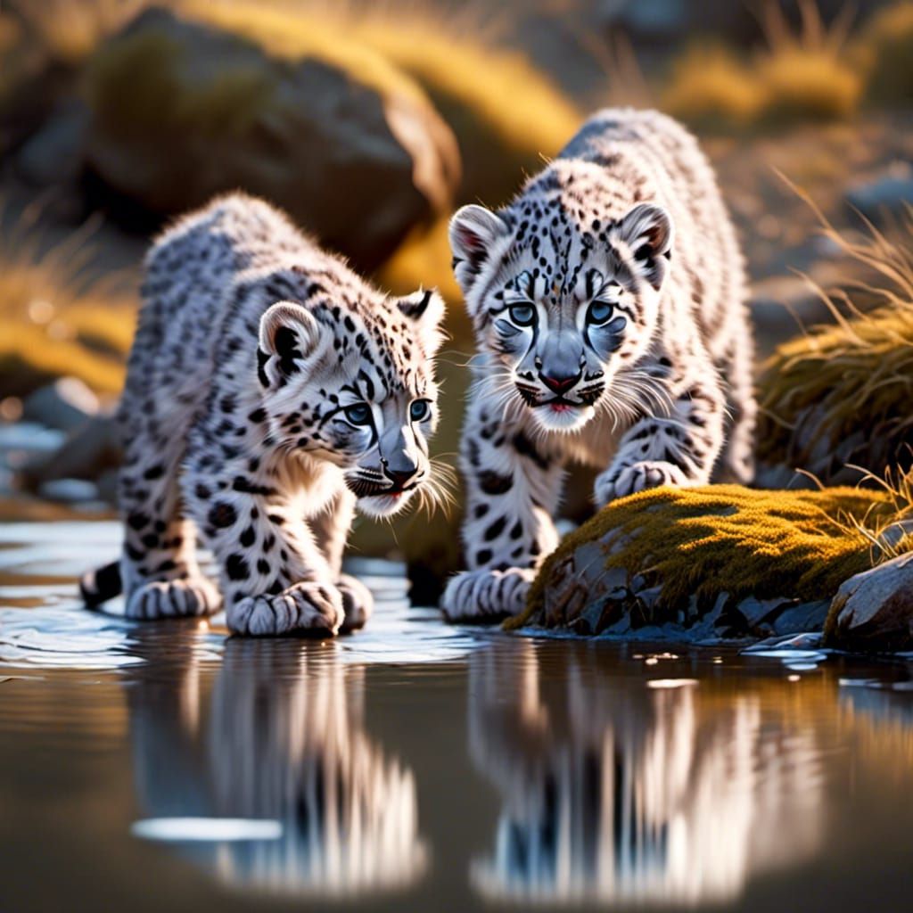Snow Leopard Cubs Drinking From Calm Stream