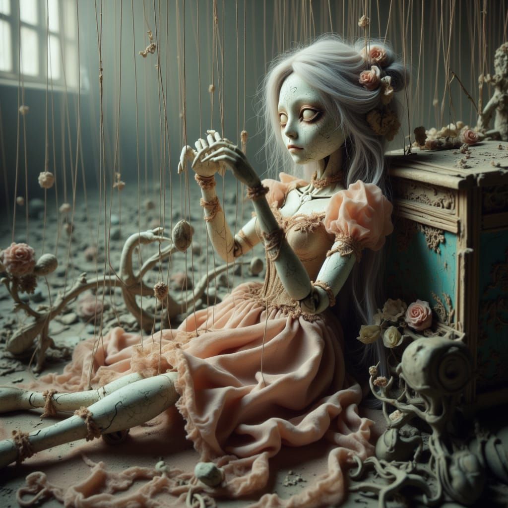Porcelain Doll in Decaying Music Box, Dark Surrealism