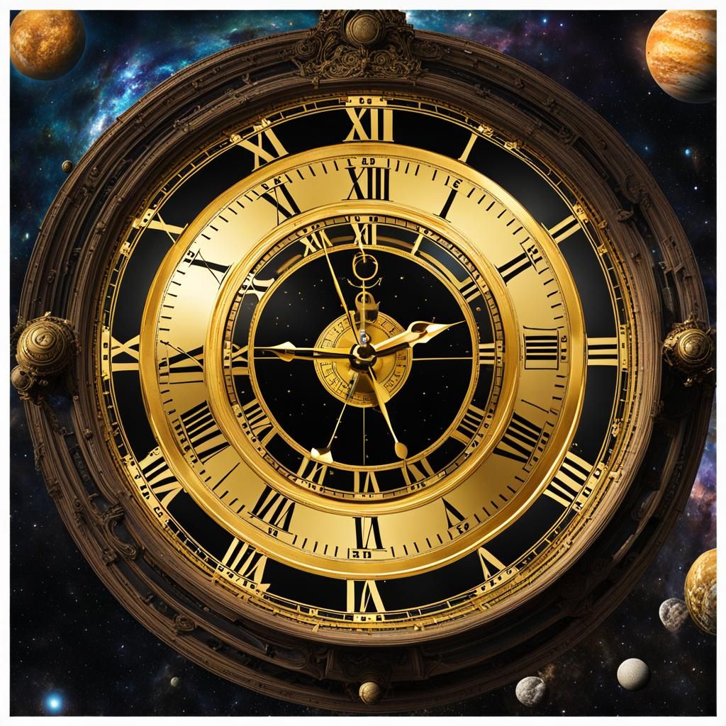 Giant Golden Clock Floating in Space