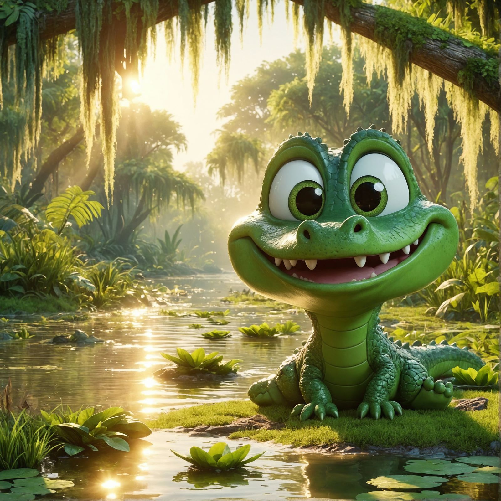 Happy Cartoon Crocodile in Lively Swamp