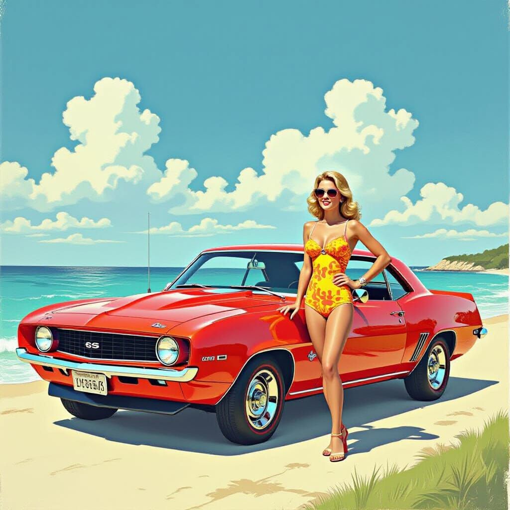 Vintage Red Camaro on Beach with Woman, Retro Style