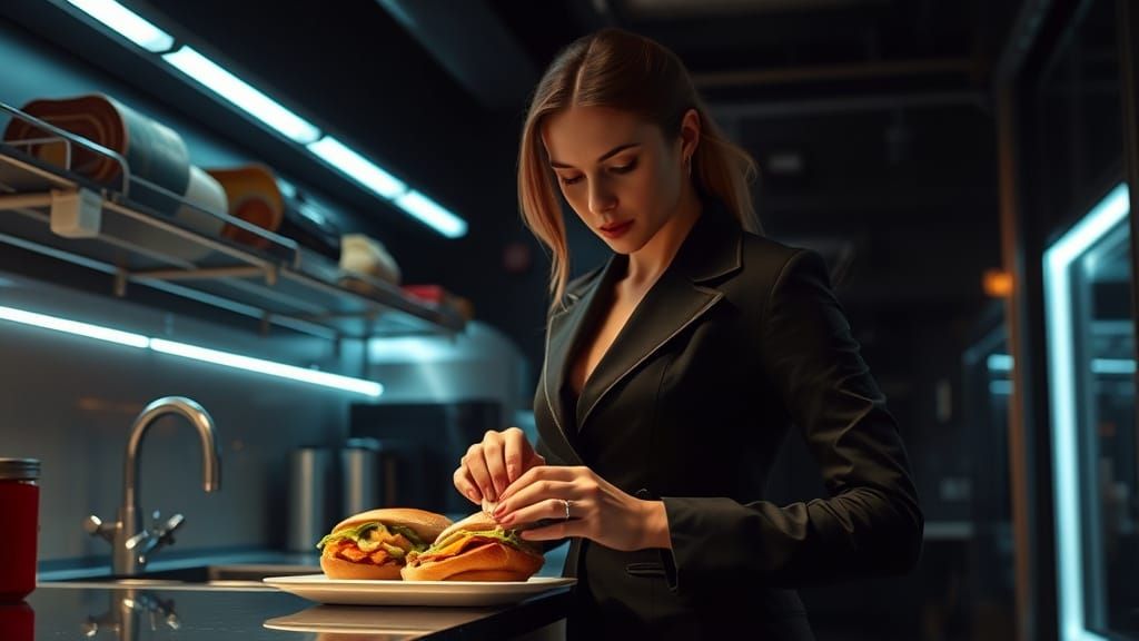 Woman in Black Agent Makes Sandwich in Futuristic Kitchen