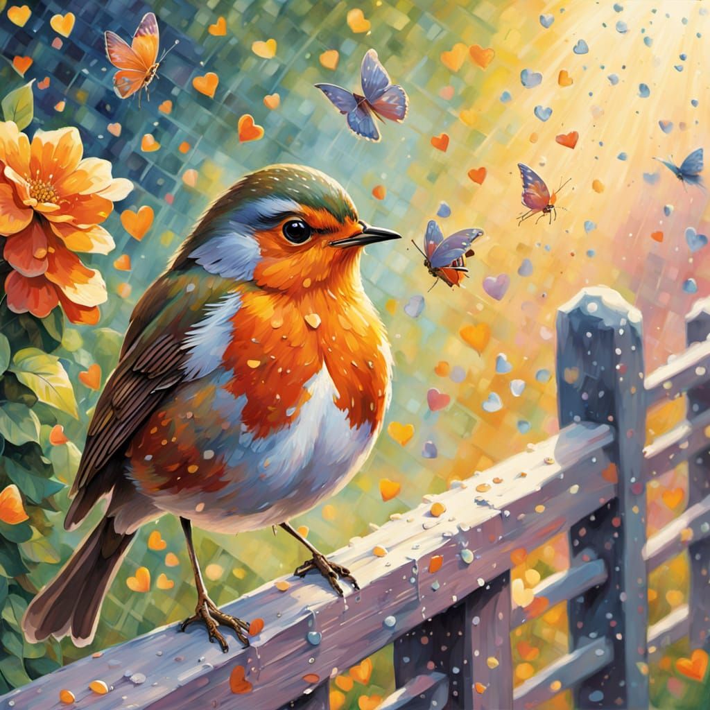 Neo-Impressionist Robin Painting with Heart Leaf and Butterf...