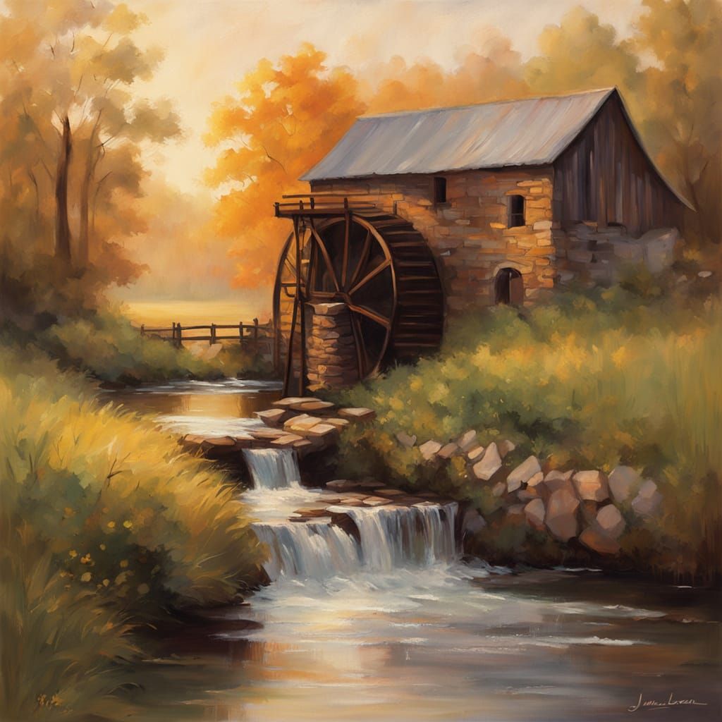 Impressionist Grist Mill Scene at Golden Hour