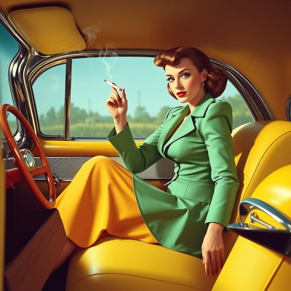 1950s Woman in Yellow Buick, Magazine Illustration