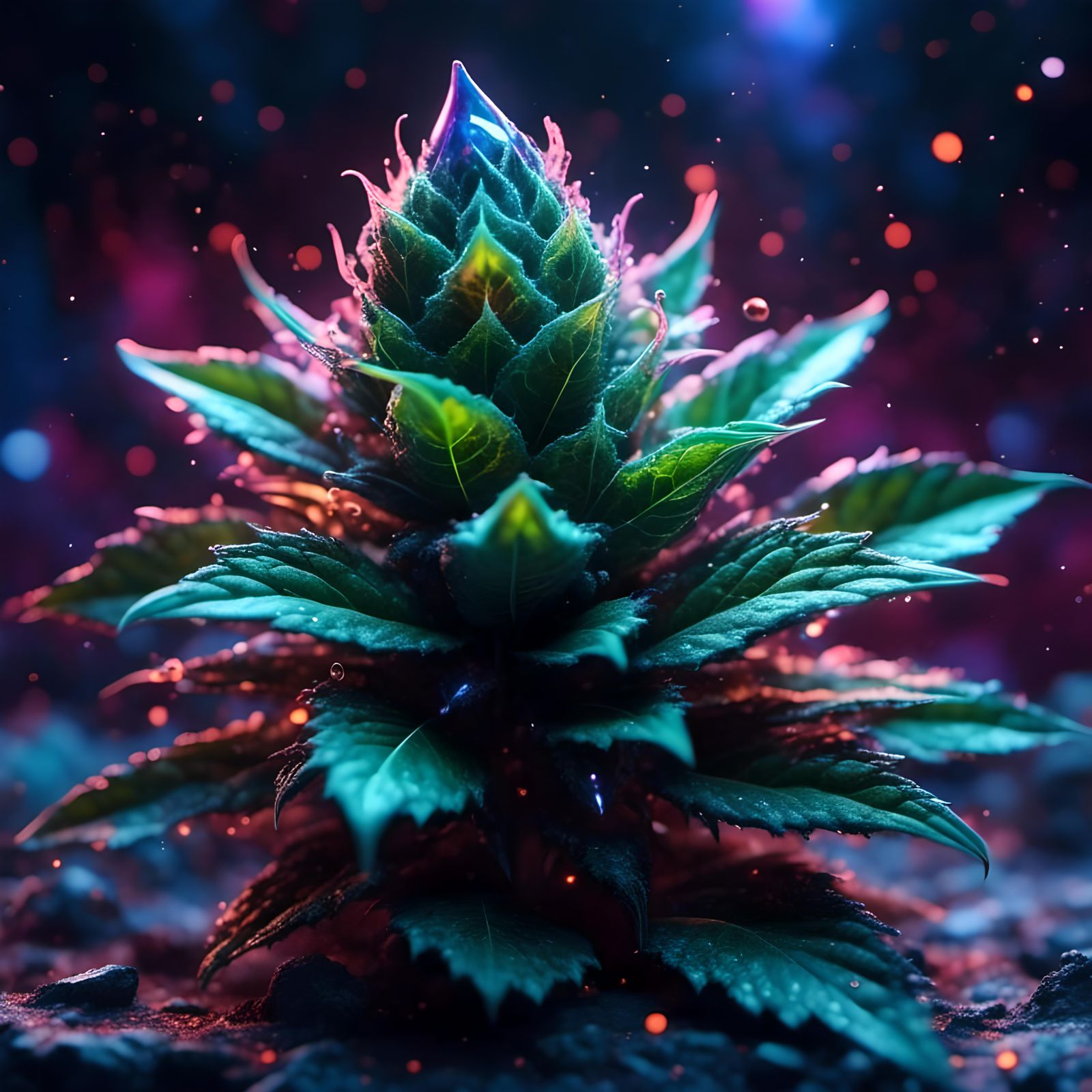 <lora:Night Sparkle:1.0> Hyper realitic marijuana bud, hyper color, translucent, hyper detail, black background, sharp d...