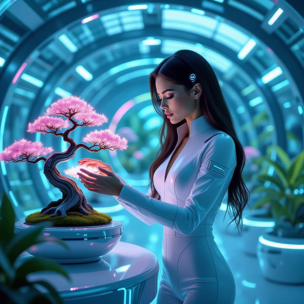 Woman Nurturing Bonsai in Futuristic Biomechanical Greenhous...