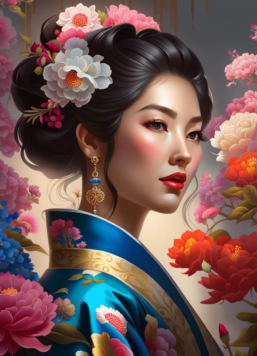 Japanese Woman in Rococo Style Oil Painting