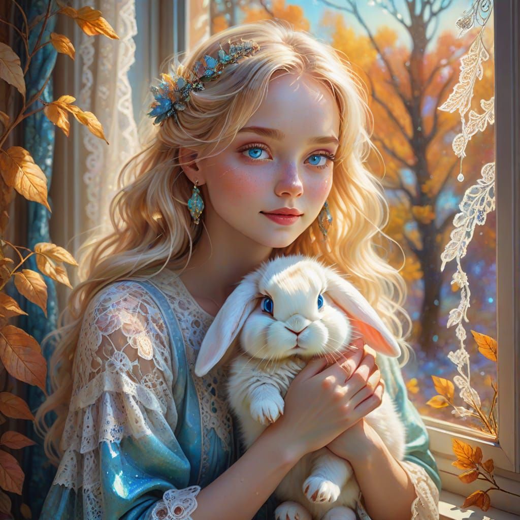 Dreamy Whimsical Astral Landscape with Girl and Bunny