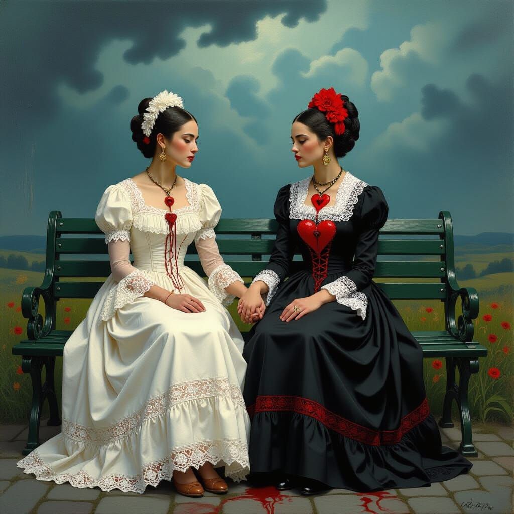 Two Figures in Traditional Dress on a Bench