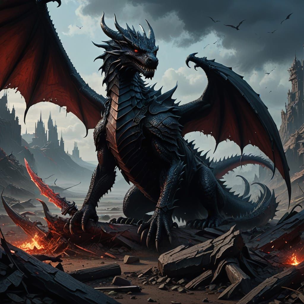 Dark Fantasy Dragon Conquers Battle-Scarred Landscape