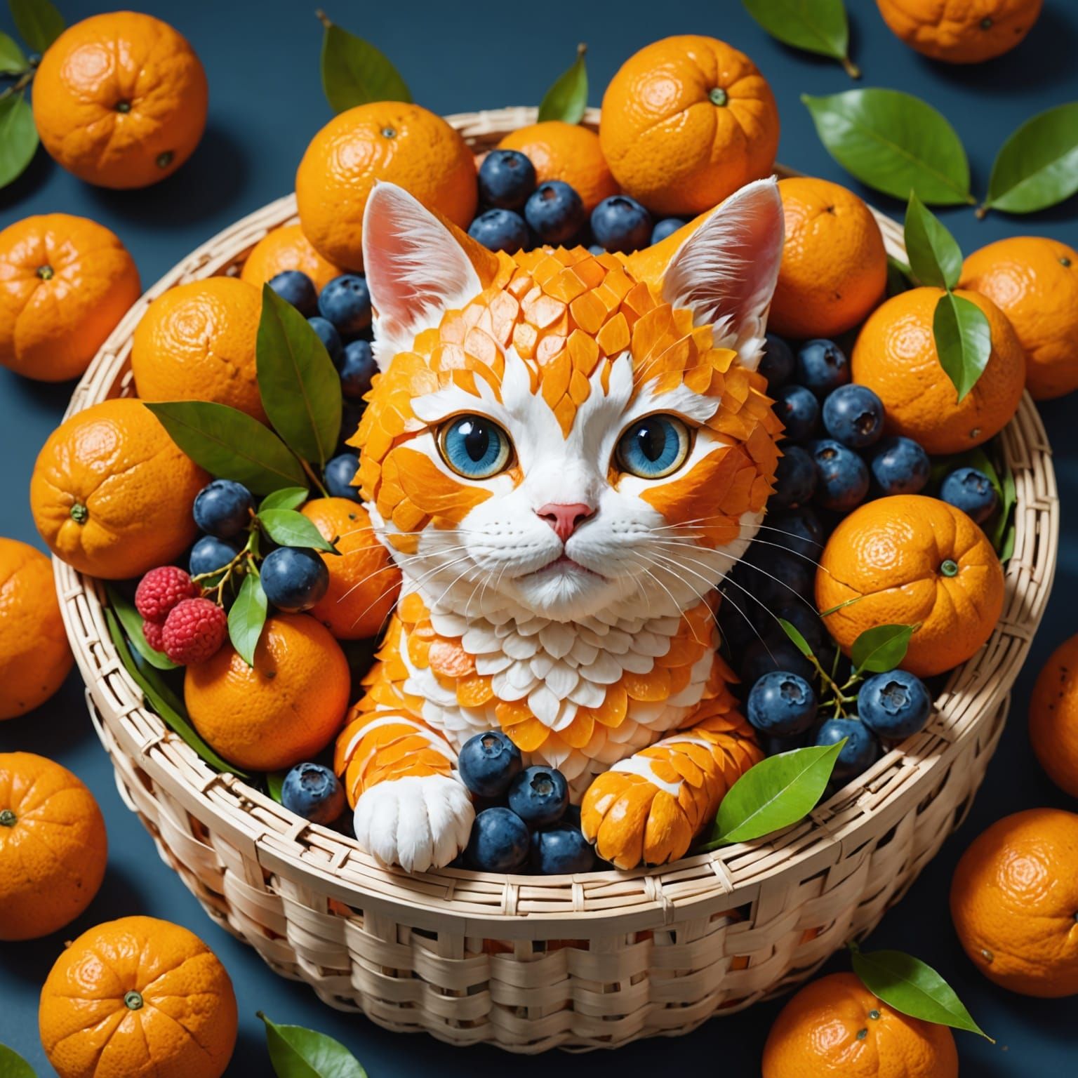 Vibrant Cartoon Cat in Lychee and Mandarin Slices