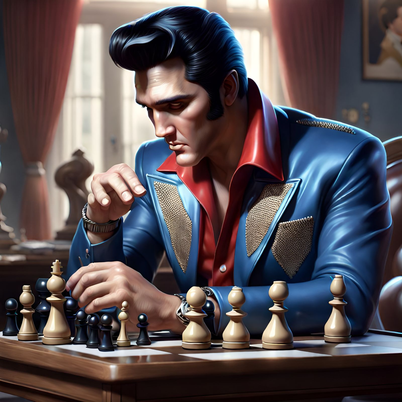 Elvis Presley Portrait Playing Chess in 3D Style