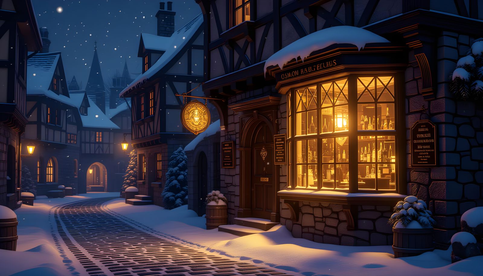 Glowing Medieval Tavern Window on Snowy Night