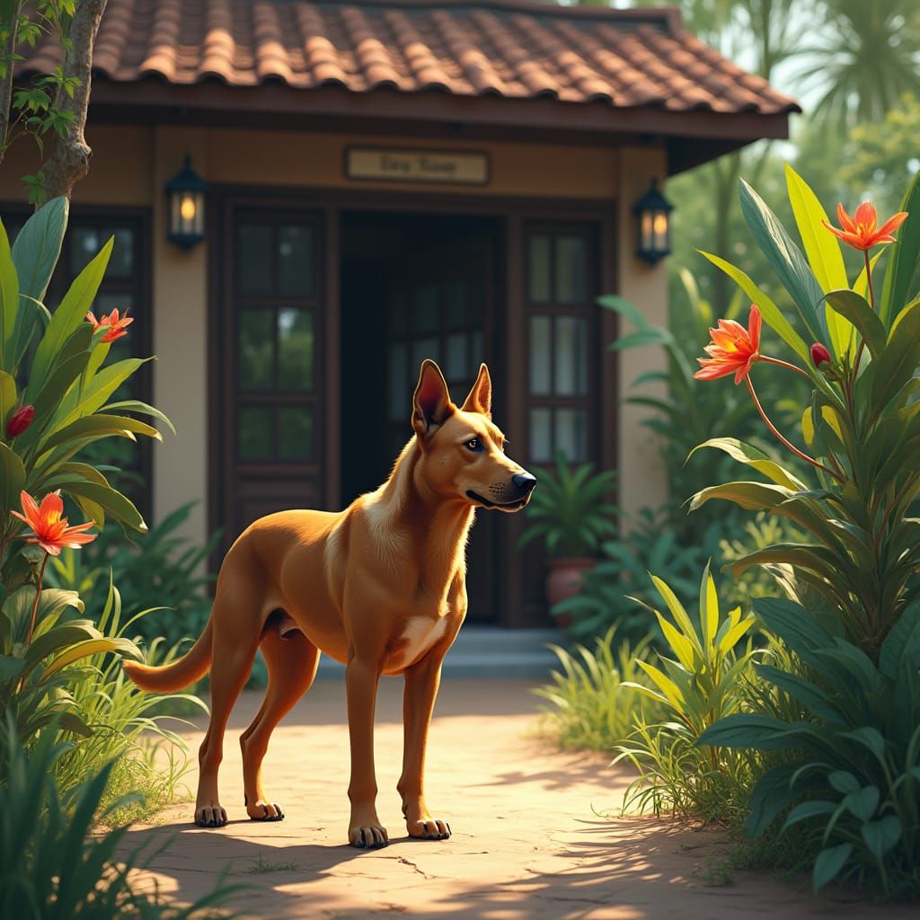 Loyal Vietnamese Phu Quoc Ridgeback Guarding Traditional Hou...