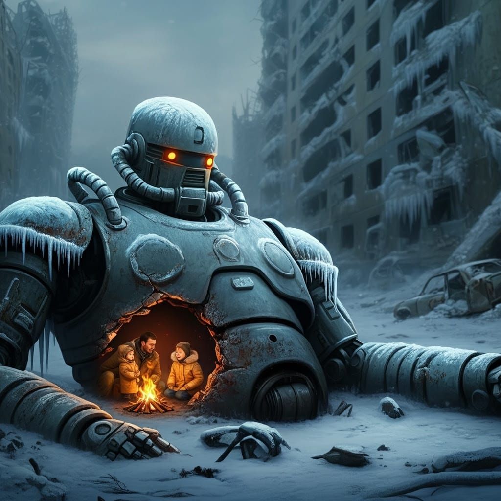 Father and Child Find Warmth Inside the Abandoned Robot