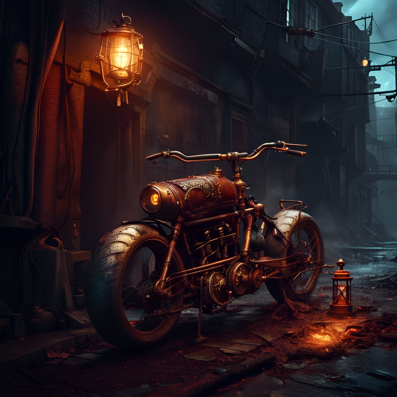 Steampunk Motorcycle in Burning Alley: Fantasy Concept Art