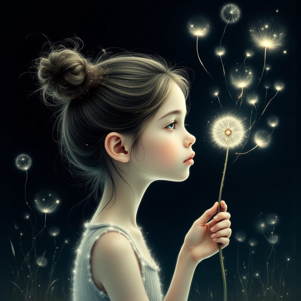Girl with Dandelion Seeds in Ethereal Lighting