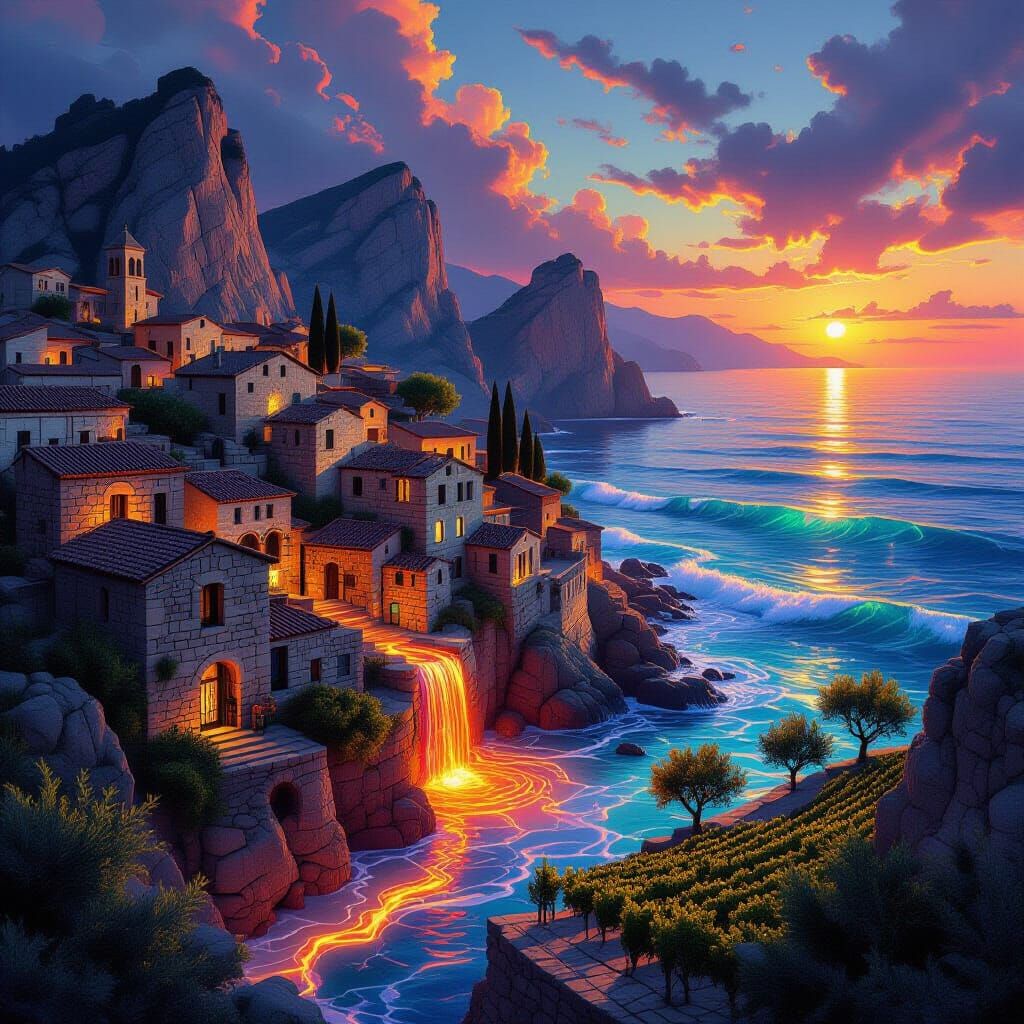 Fantasy Sicilian Village with Molten Streams
