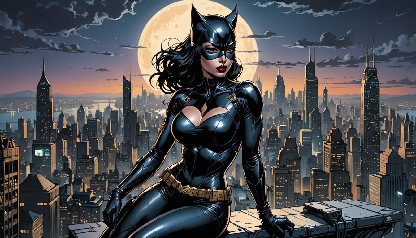 Catwoman in Cyberpunk Gotham, Detailed Digital Art
