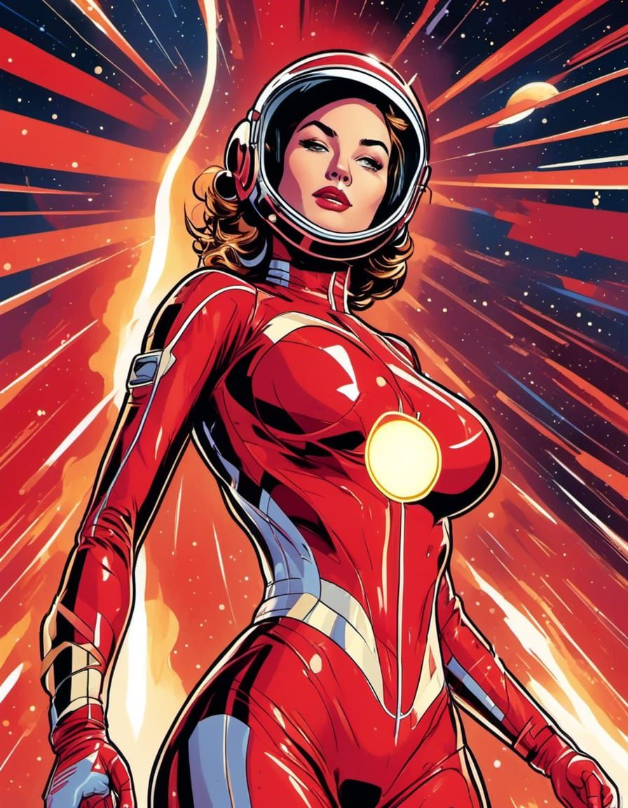 A spacewoman in a sleek, deep red suit, radiating a subtle g...