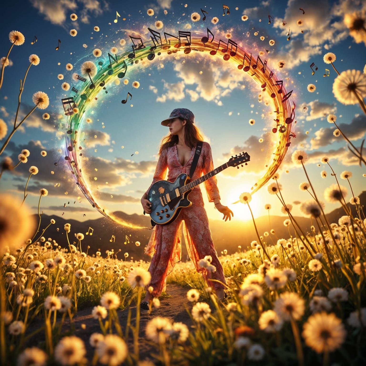 Swirling Vortex of Dandelions in Vibrant Hyperphotorealism