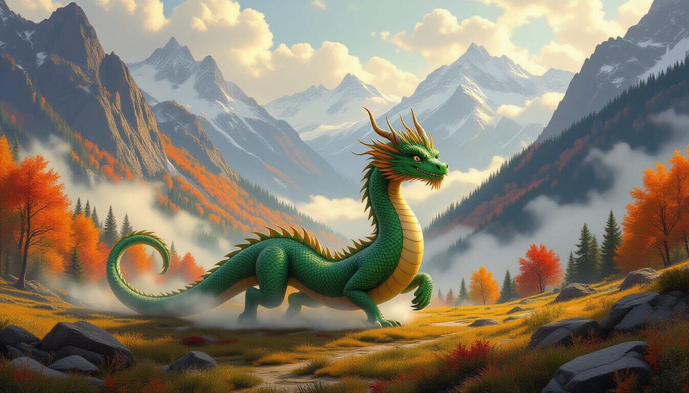 Emerald Dragon Runs Through Misty Autumn Mountains