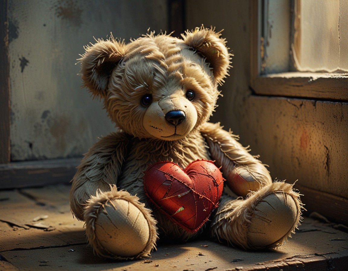 Whimsical Teddy Bear Holding a Broken Heart in a Cozy Scene