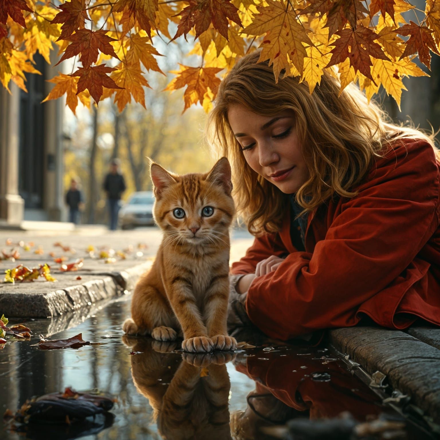Ginger Kitten Under Autumn Leaves: Cinematic Film Still