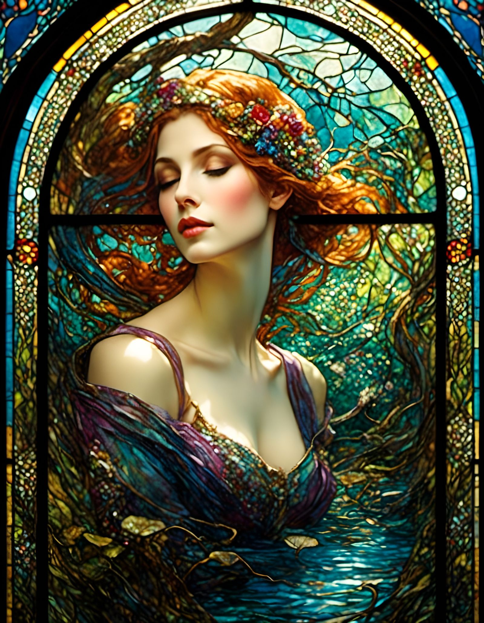 Beautiful Ophelia Portrait in Stained Glass Style