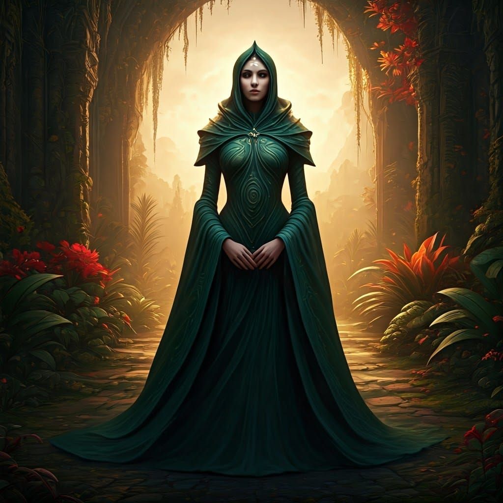 Mystical Sorceress in Emerald Robes, Forest Setting