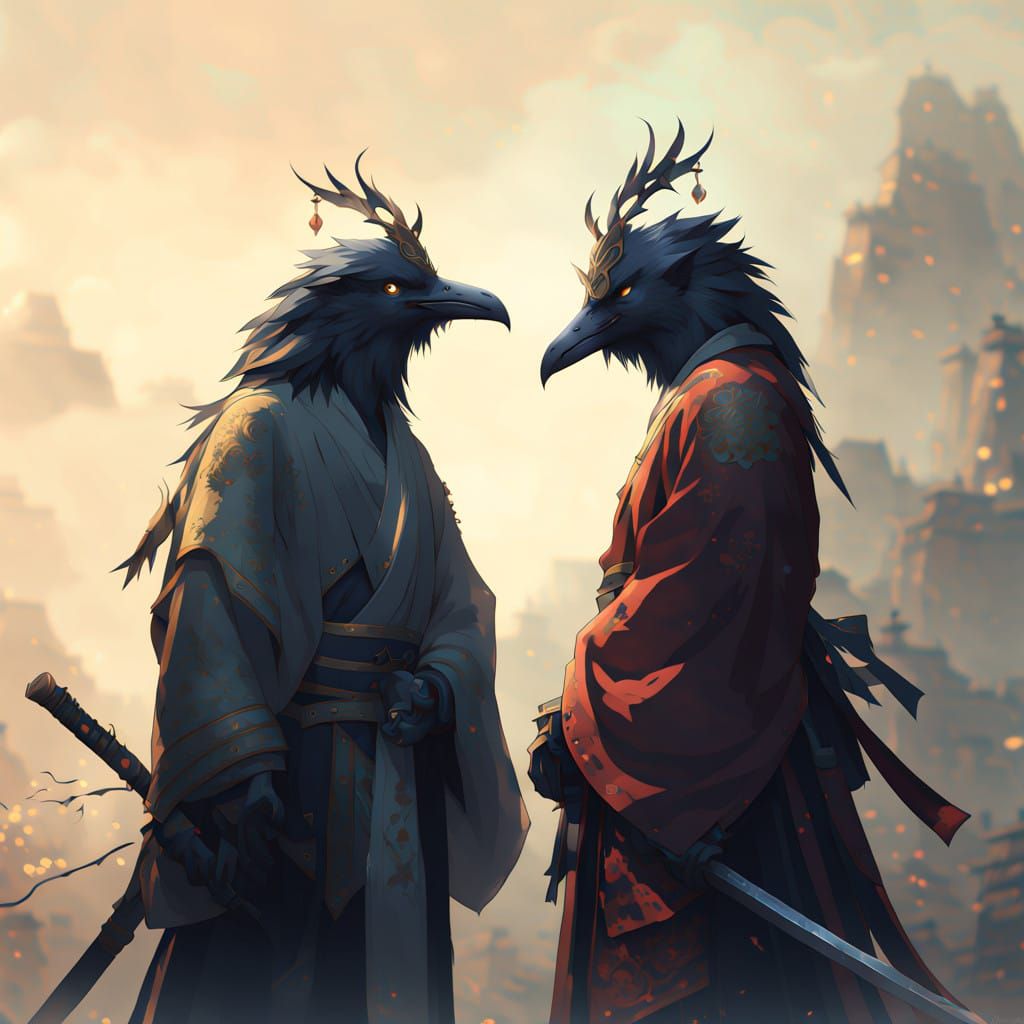 Majestic Crow Warriors in Vibrant Daimyo Kimono