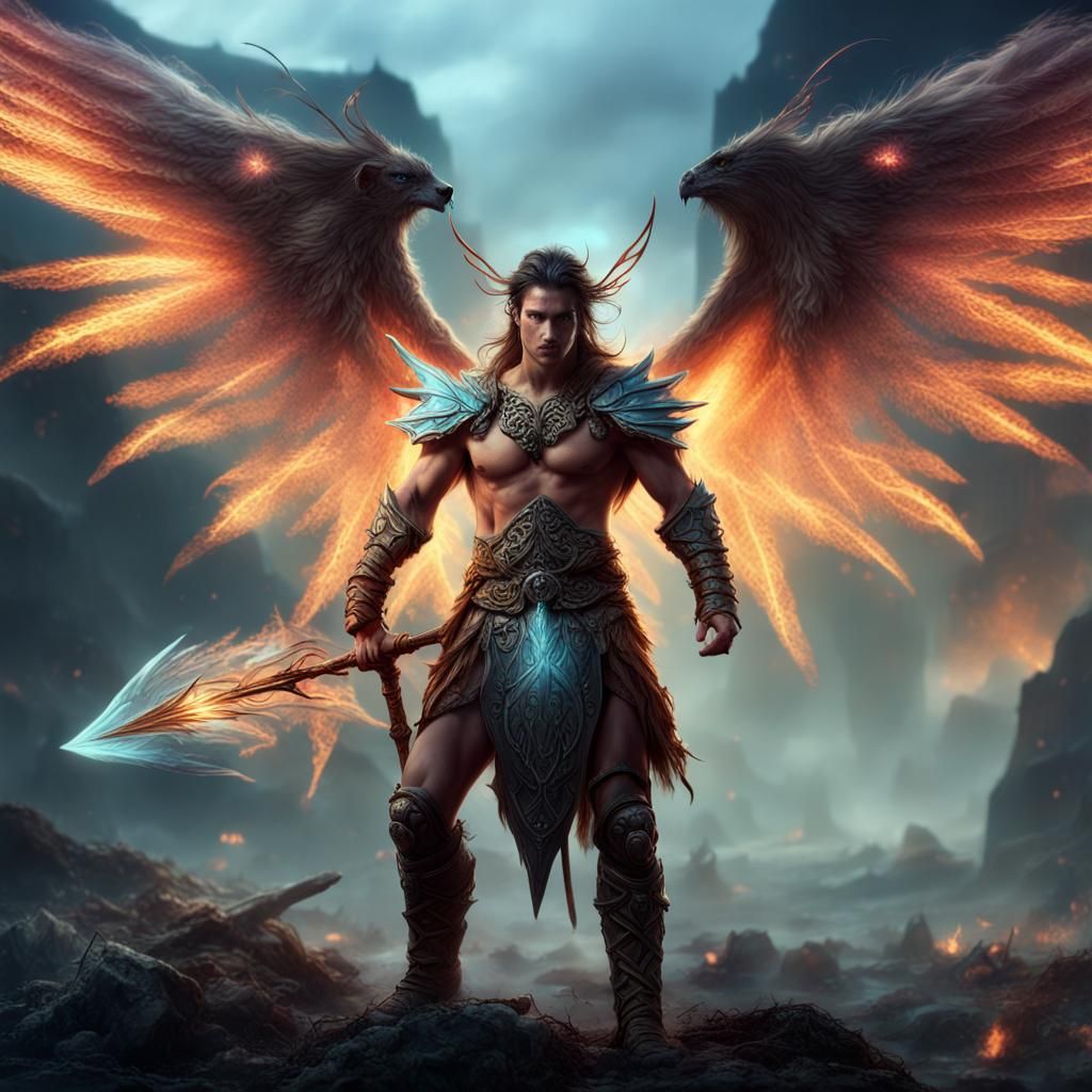 Winged Fairy Barbarians in Epic Battlefield Painting