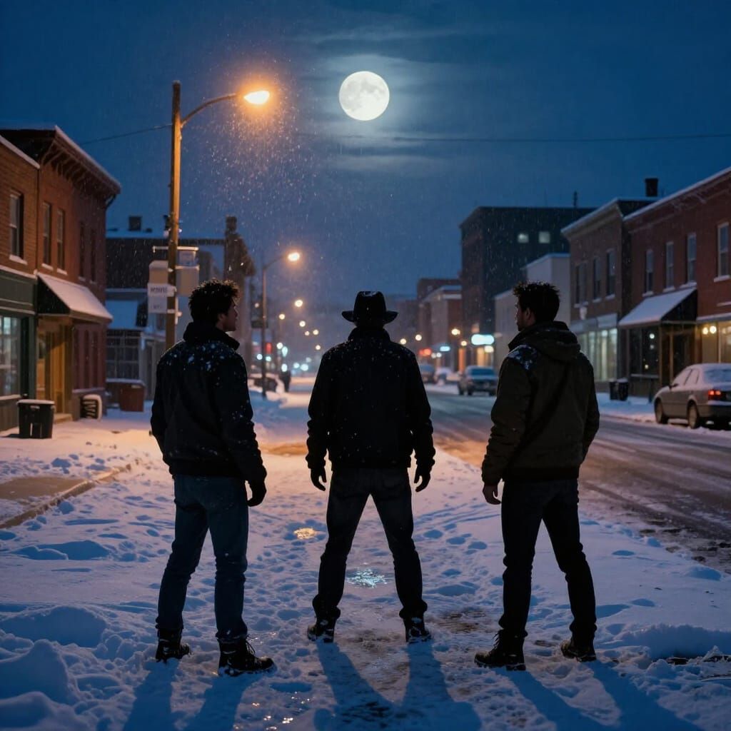 Tense Standoff in Snowy Canadian City at Dusk